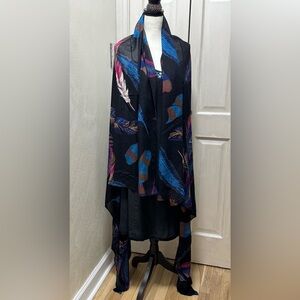 Express Black Viscose Feather Print Cozy Shawl Wrap Scarf Lightweight 112x74